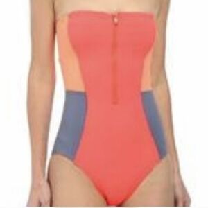 NEW DKNY Strike Oranges&Gray Colorblock Bandeau Maillot faux zip front size 6